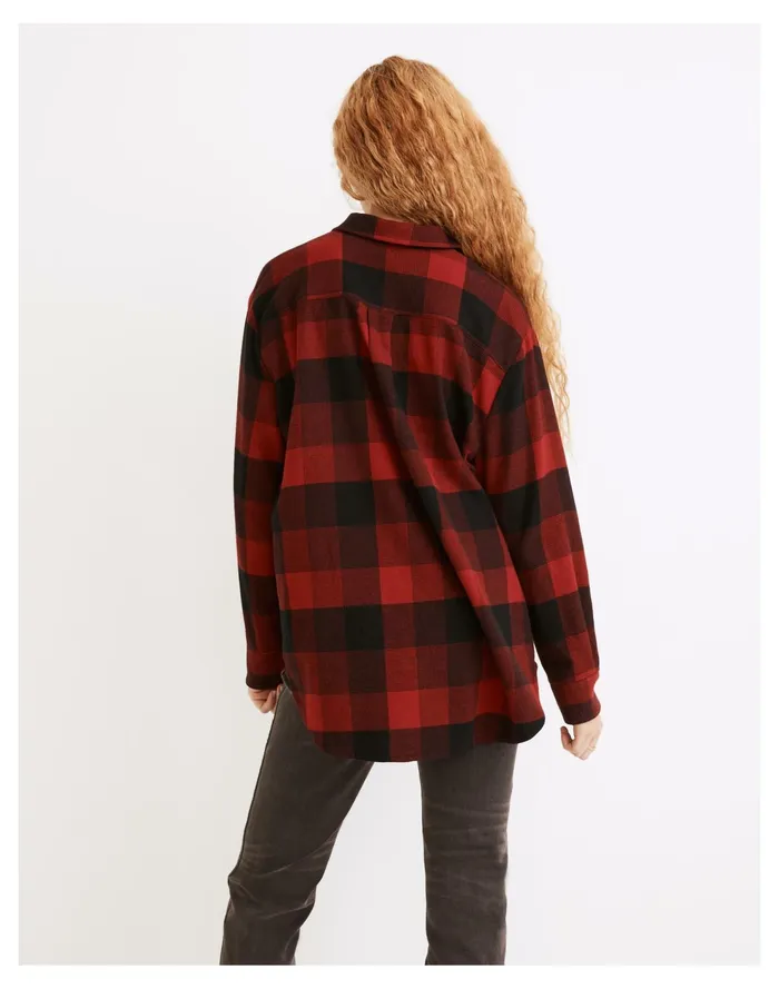 Flannel Side Button Oversized Ex Boyfriend Shirt In Buffalo Check Scarlet Women Madewell Tops and Shirts