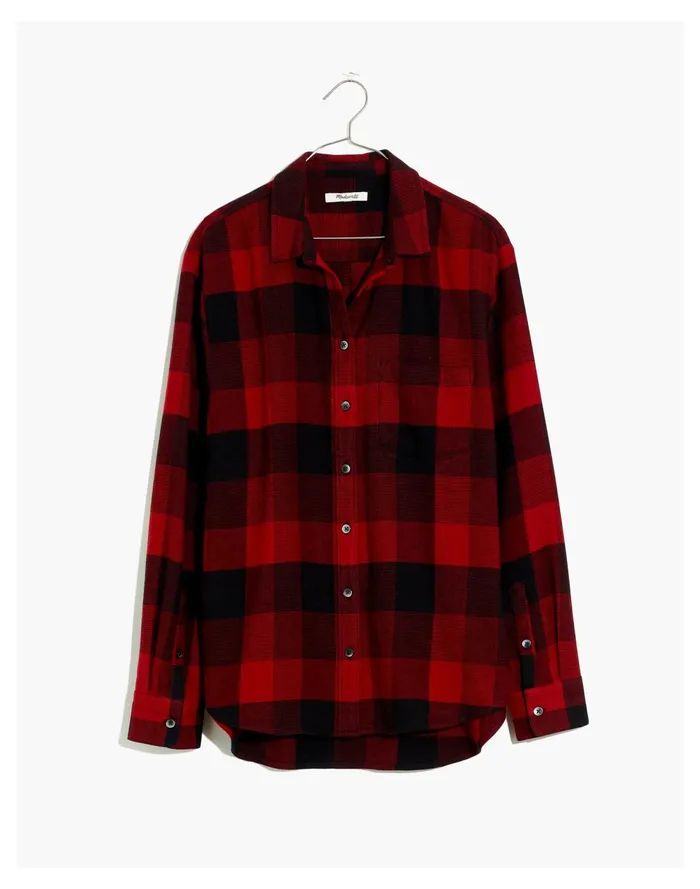 Flannel Side Button Oversized Ex Boyfriend Shirt In Buffalo Check Scarlet Women Madewell Tops and Shirts