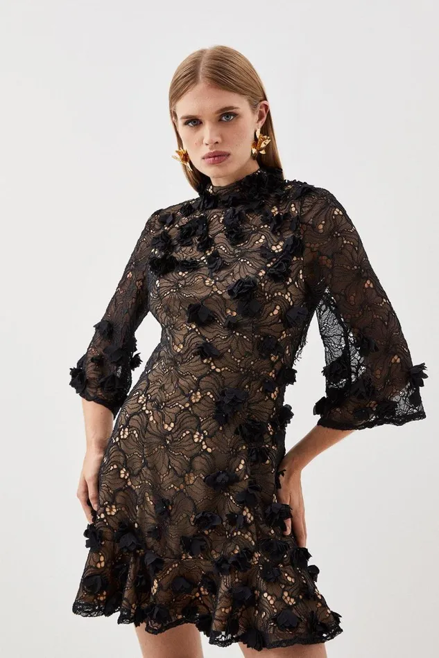 Floral Applique On Lace Woven Mini Black Women Karen Millen Dresses