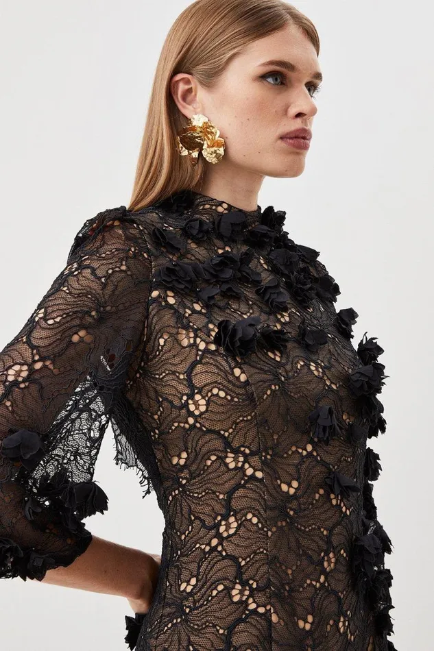 Floral Applique On Lace Woven Mini Black Women Karen Millen Dresses