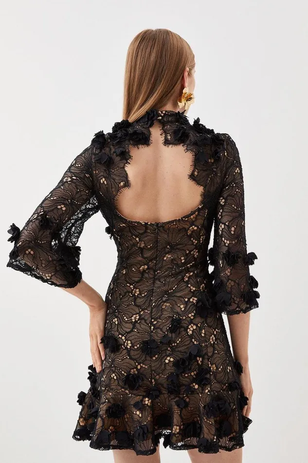 Floral Applique On Lace Woven Mini Black Women Karen Millen Dresses
