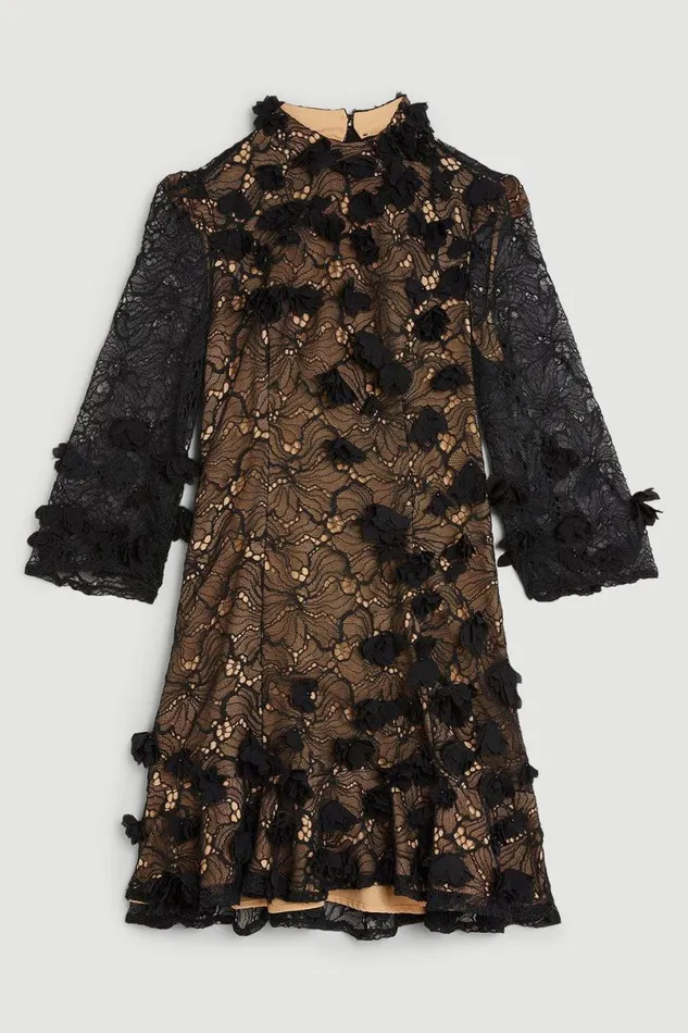 Floral Applique On Lace Woven Mini Black Women Karen Millen Dresses