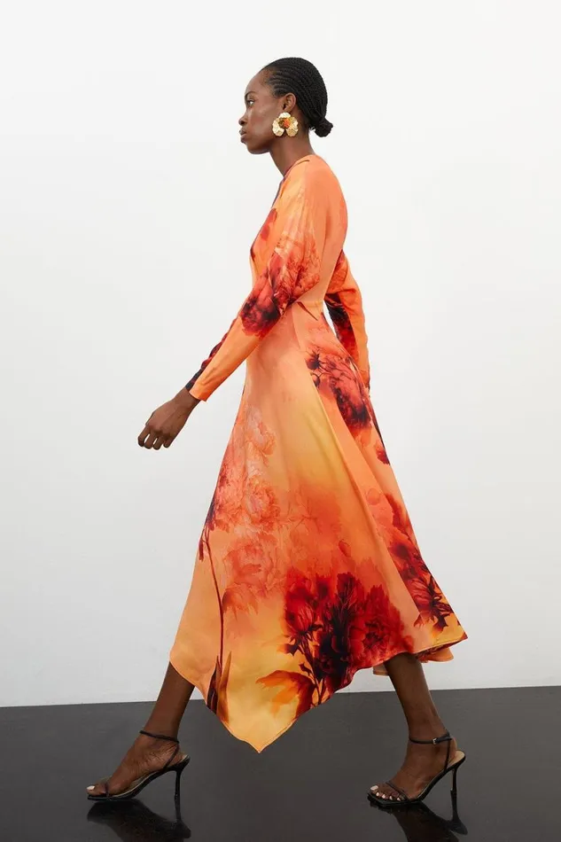 Floral Satin Crepe Woven Midi Dress Burnt Orange Women Karen Millen Dresses