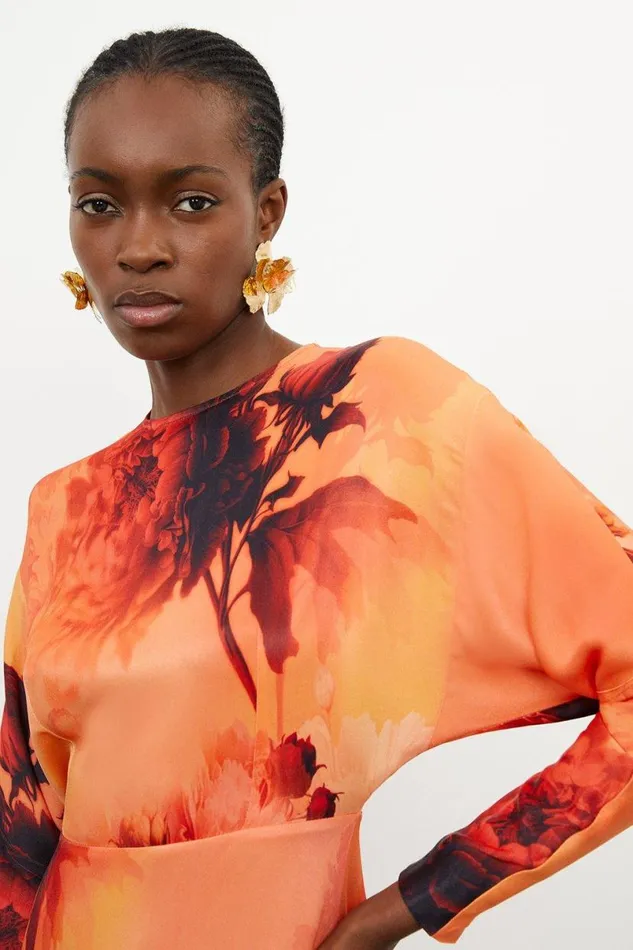 Floral Satin Crepe Woven Midi Dress Burnt Orange Women Karen Millen Dresses