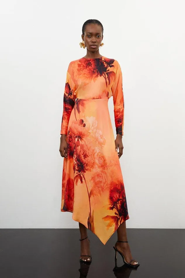 Floral Satin Crepe Woven Midi Dress Burnt Orange Women Karen Millen Dresses