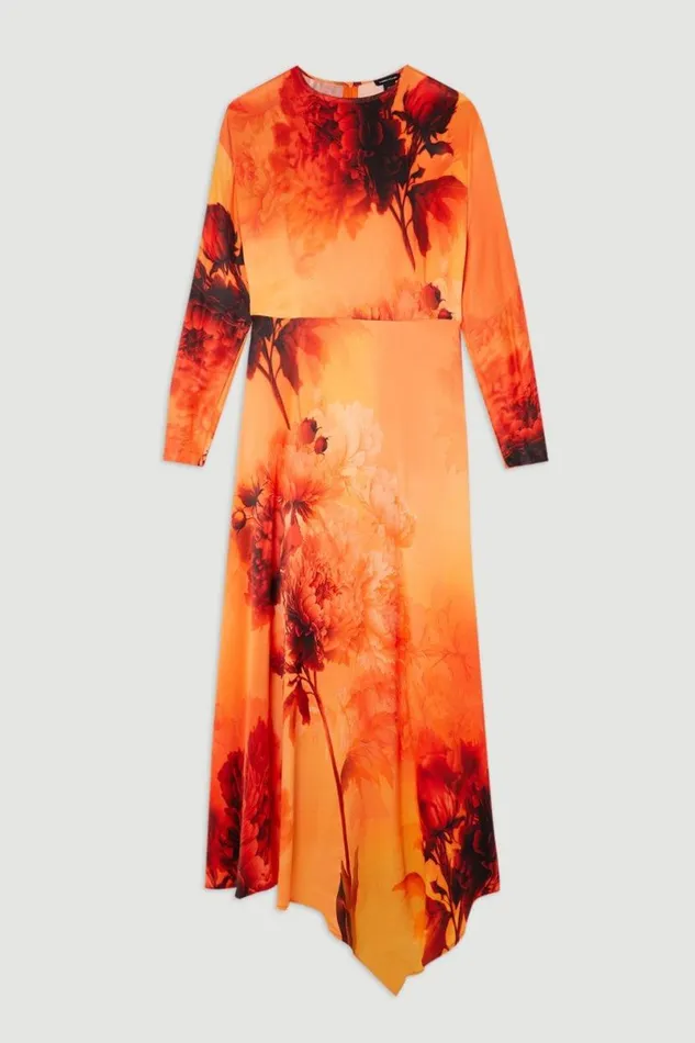 Floral Satin Crepe Woven Midi Dress Burnt Orange Women Karen Millen Dresses