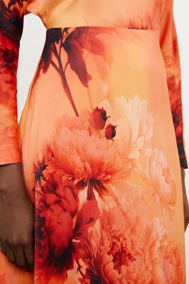 Floral Satin Crepe Woven Midi Dress Burnt Orange Women Karen Millen Dresses