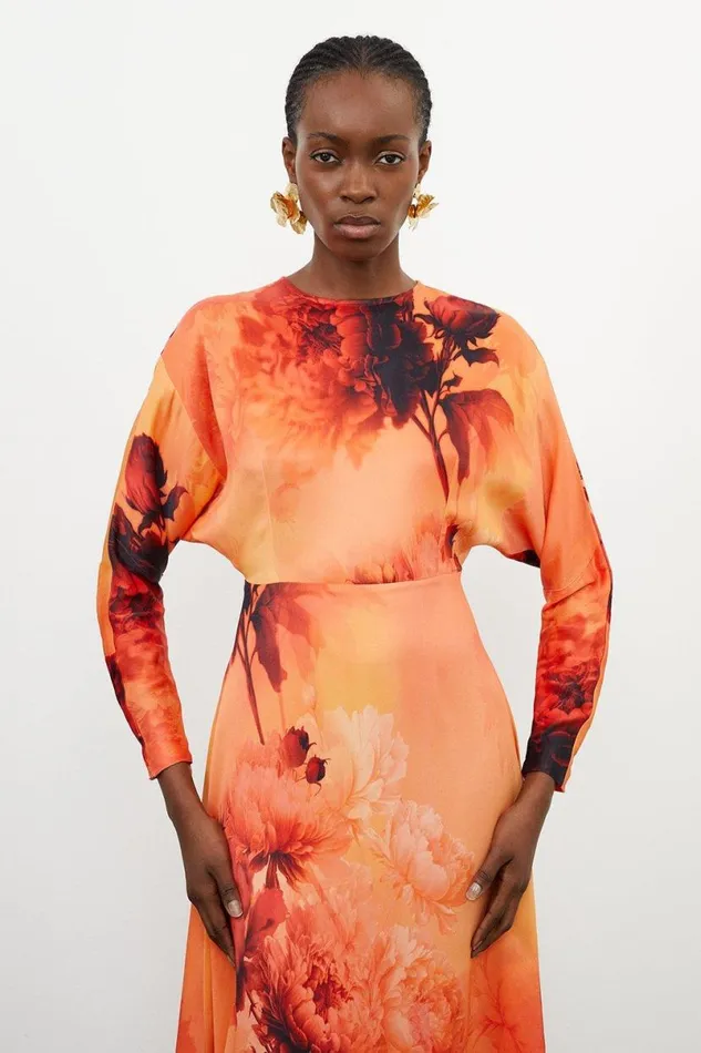 Floral Satin Crepe Woven Midi Dress Burnt Orange Women Karen Millen Dresses
