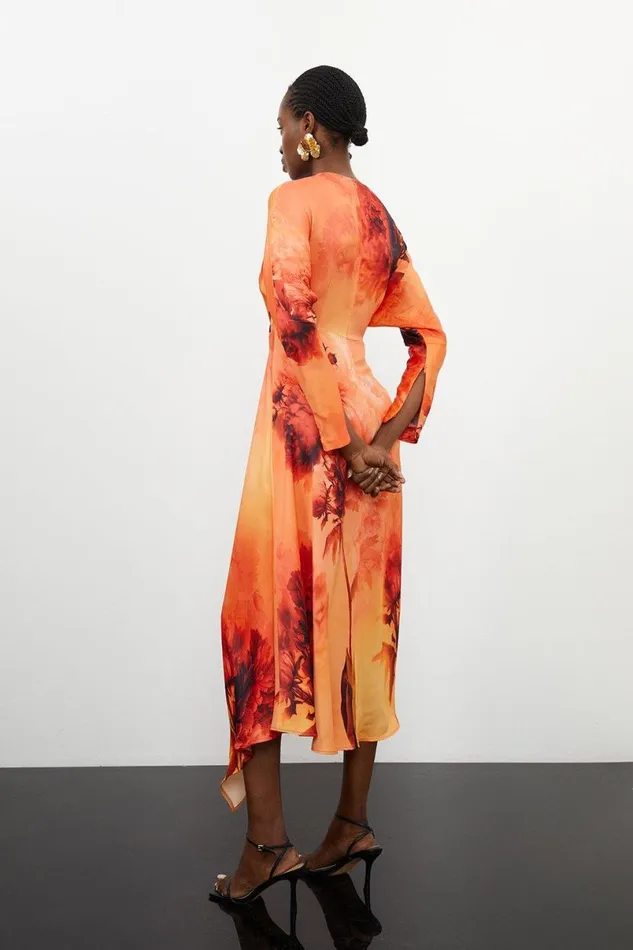 Floral Satin Crepe Woven Midi Dress Burnt Orange Women Karen Millen Dresses