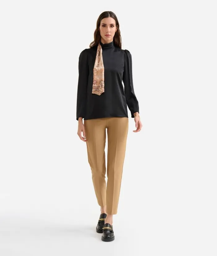 Fluid Satin Blouse With Geo Classic Print Scarf Detail Black Woman Alviero Martini Knitwears Shirts and Tops