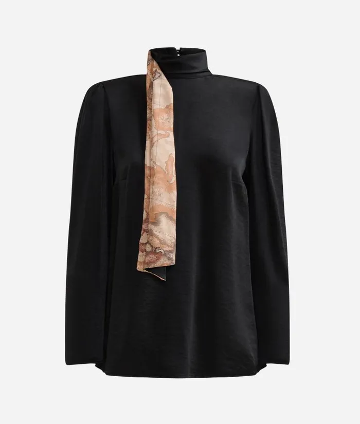 Fluid Satin Blouse With Geo Classic Print Scarf Detail Black Woman Alviero Martini Knitwears Shirts and Tops