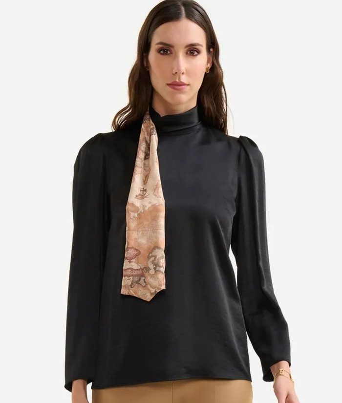 Fluid Satin Blouse With Geo Classic Print Scarf Detail Black Woman Alviero Martini Knitwears Shirts and Tops