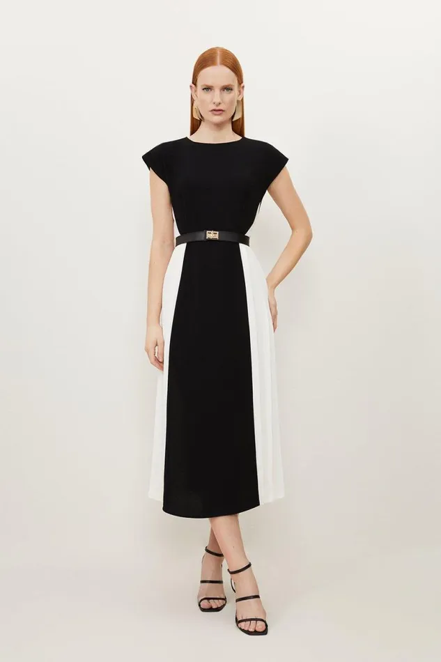 Fluid Tailored Contrast Pleated Panel Skirt Midi Dress Mono Women Karen Millen Dresses
