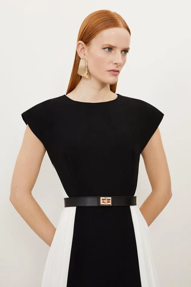 Fluid Tailored Contrast Pleated Panel Skirt Midi Dress Mono Women Karen Millen Dresses