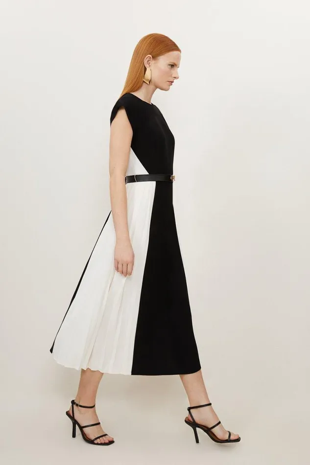Fluid Tailored Contrast Pleated Panel Skirt Midi Dress Mono Women Karen Millen Dresses