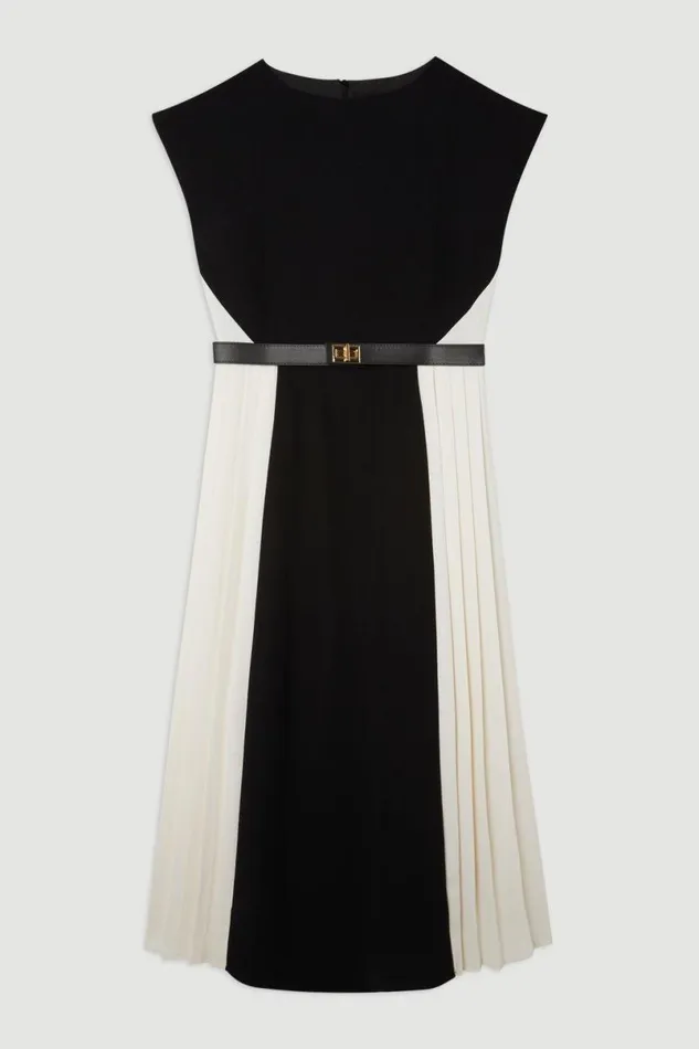Fluid Tailored Contrast Pleated Panel Skirt Midi Dress Mono Women Karen Millen Dresses
