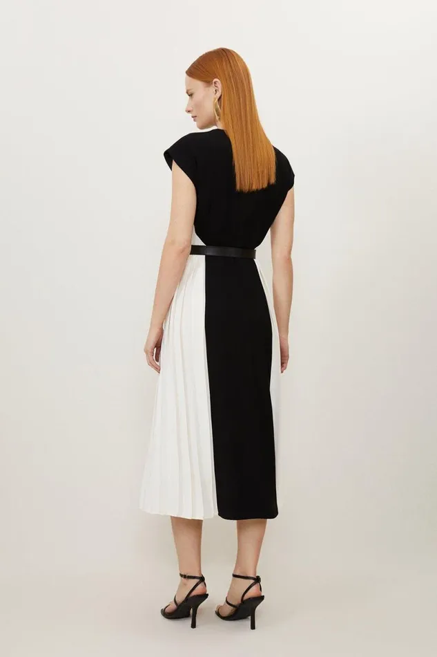 Fluid Tailored Contrast Pleated Panel Skirt Midi Dress Mono Women Karen Millen Dresses