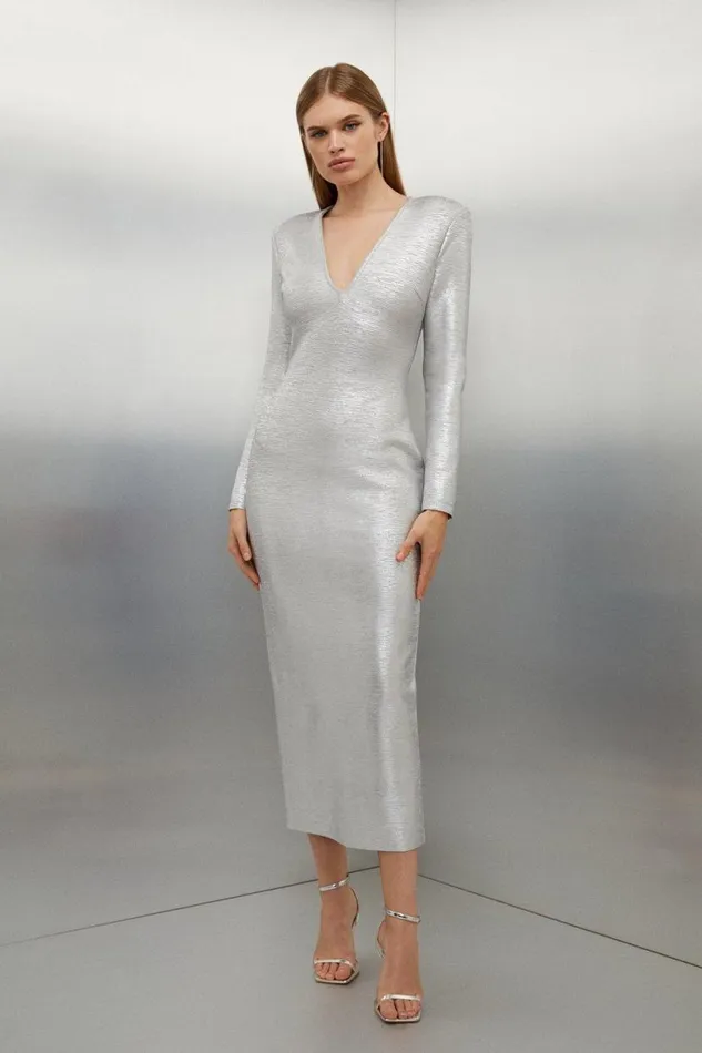 Foiled Figure Form Bandage V Neck Knit Midaxi Dress Silver Women Karen Millen Dresses