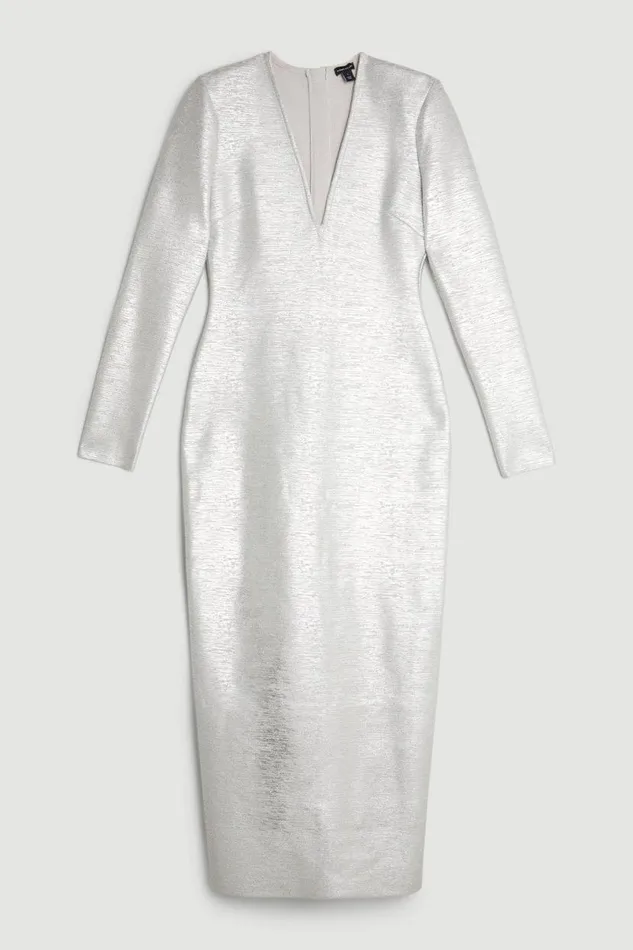 Foiled Figure Form Bandage V Neck Knit Midaxi Dress Silver Women Karen Millen Dresses