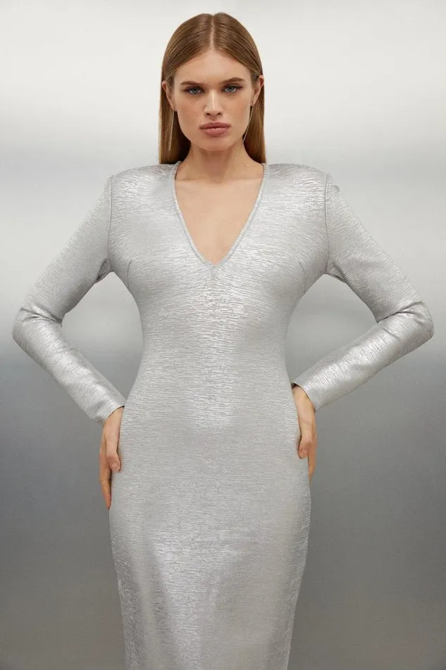 Foiled Figure Form Bandage V Neck Knit Midaxi Dress Silver Women Karen Millen Dresses