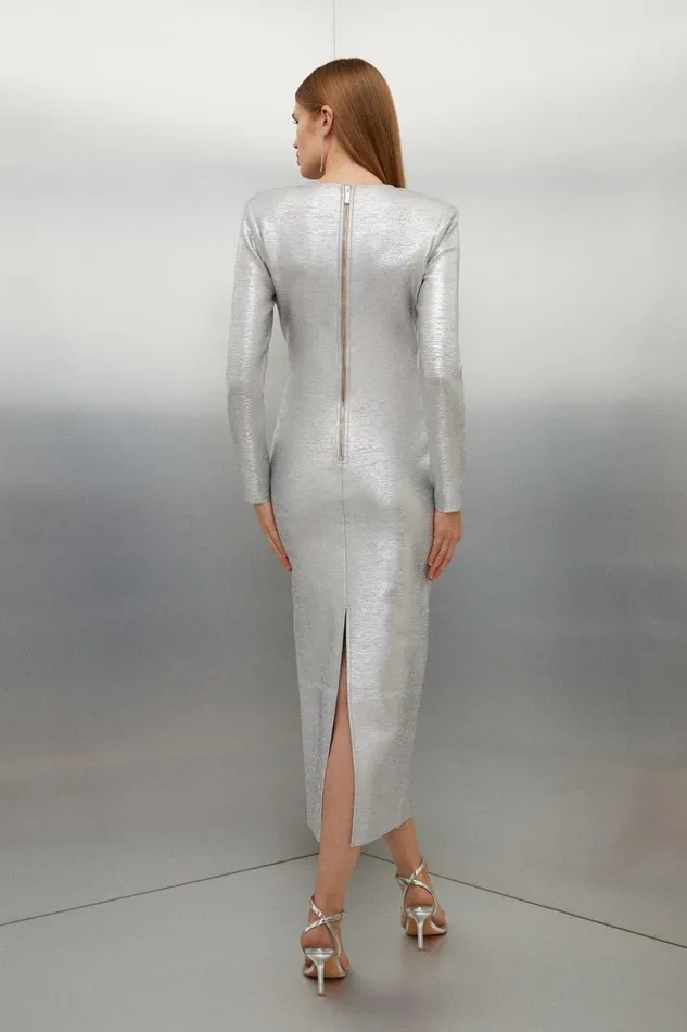 Foiled Figure Form Bandage V Neck Knit Midaxi Dress Silver Women Karen Millen Dresses