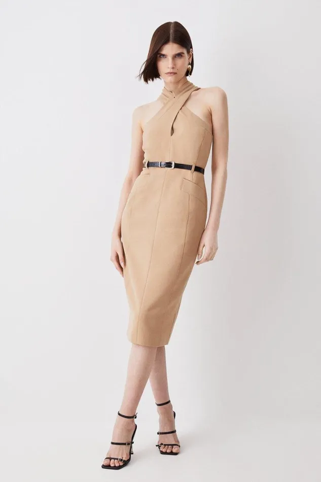 Forever Tailored Halter Neck Belted Midi Dress Camel Women Karen Millen Dresses