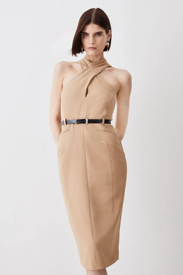 Forever Tailored Halter Neck Belted Midi Dress Camel Women Karen Millen Dresses