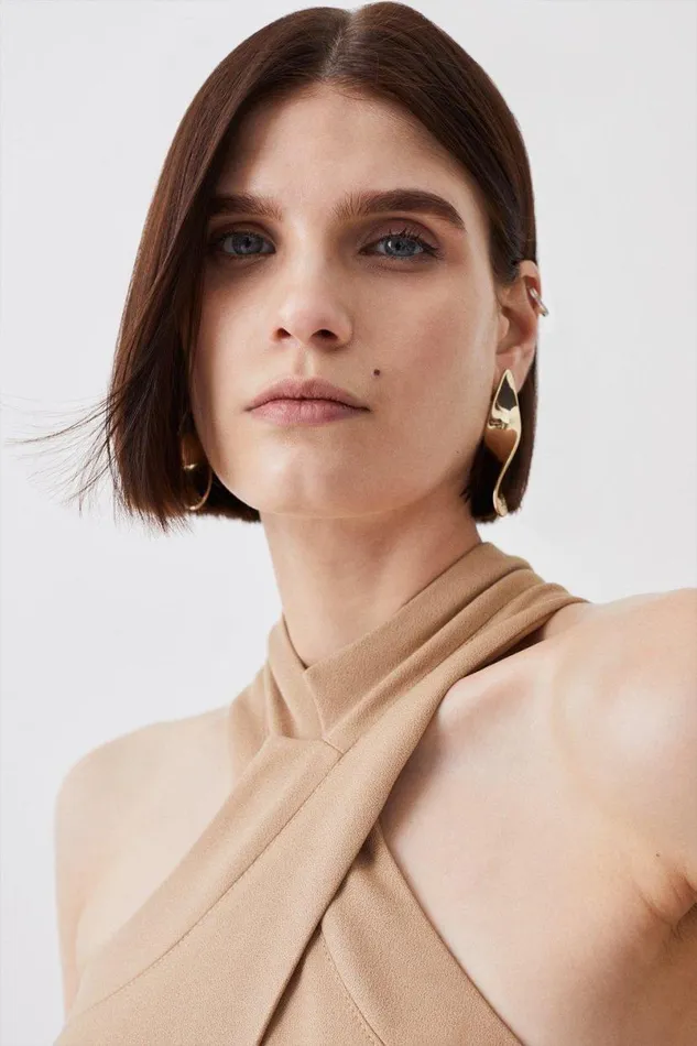 Forever Tailored Halter Neck Belted Midi Dress Camel Women Karen Millen Dresses
