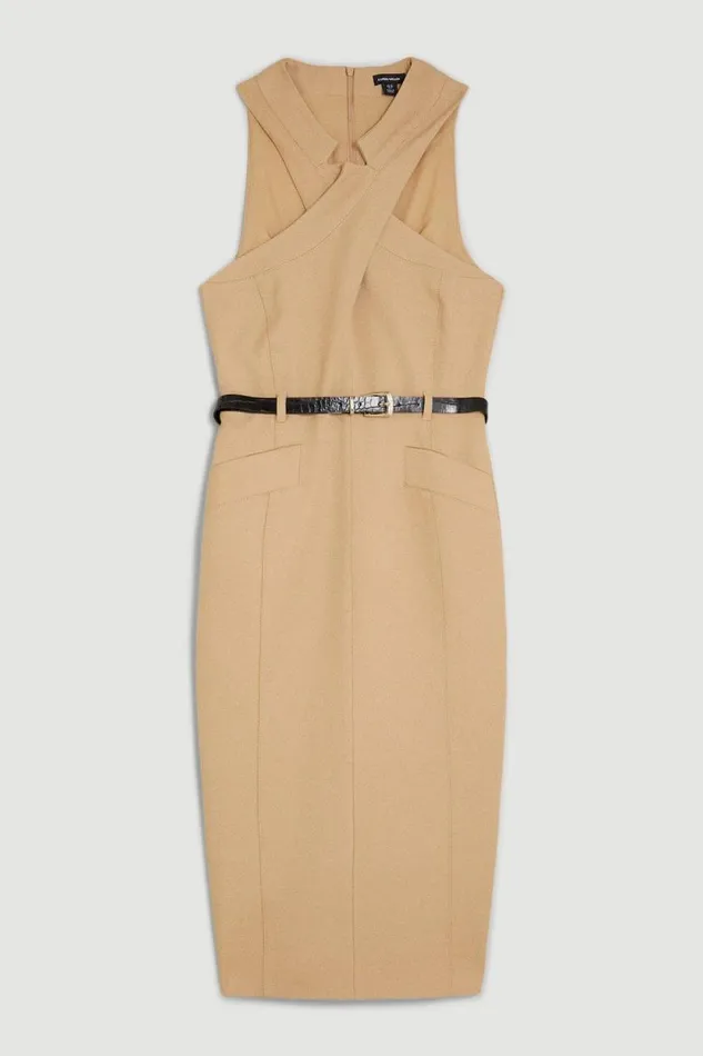 Forever Tailored Halter Neck Belted Midi Dress Camel Women Karen Millen Dresses