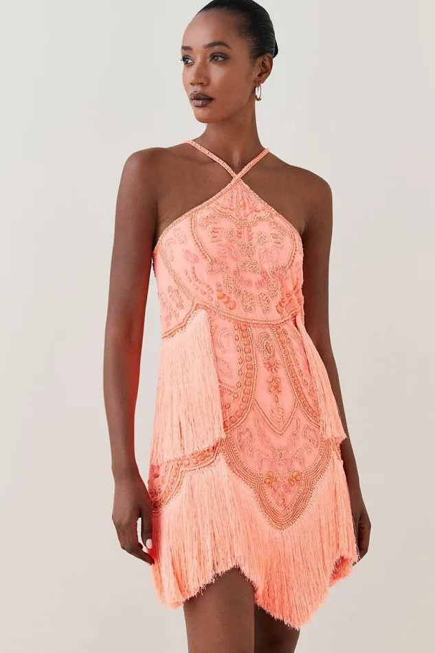Fringed Beaded Halter Mini Dress Women Karen Millen Dresses