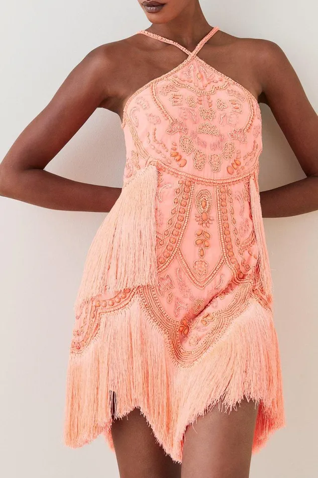 Fringed Beaded Halter Mini Dress Women Karen Millen Dresses