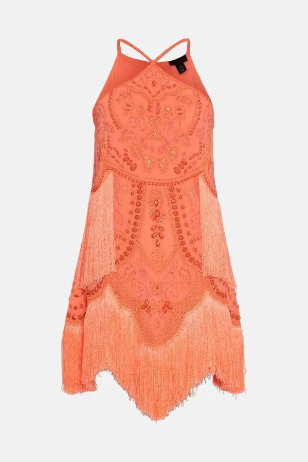 Fringed Beaded Halter Mini Dress Women Karen Millen Dresses