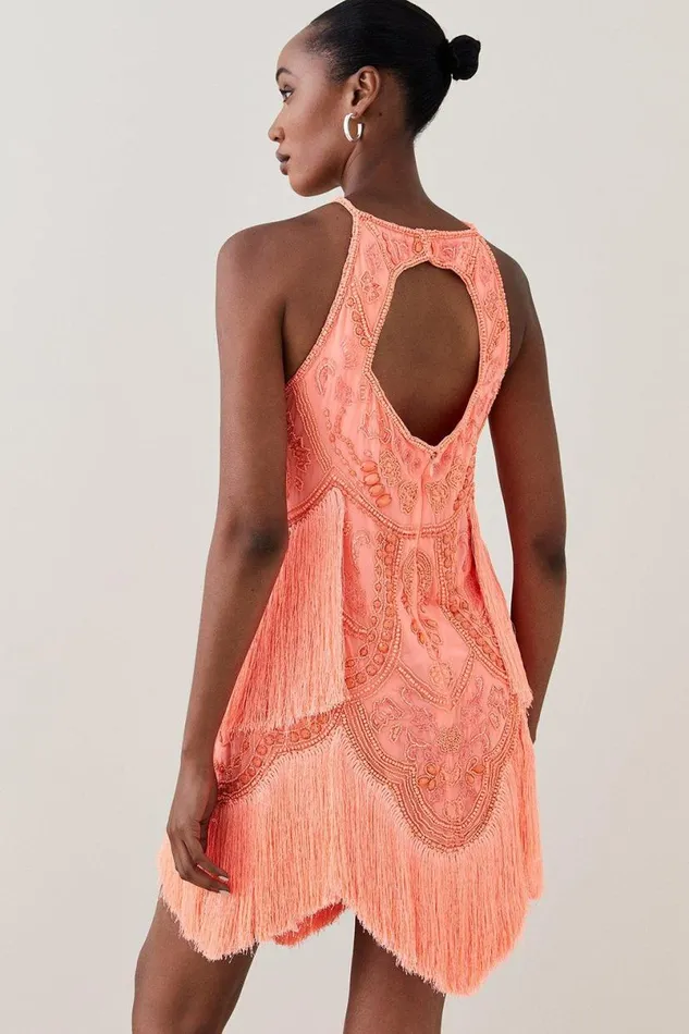 Fringed Beaded Halter Mini Dress Women Karen Millen Dresses