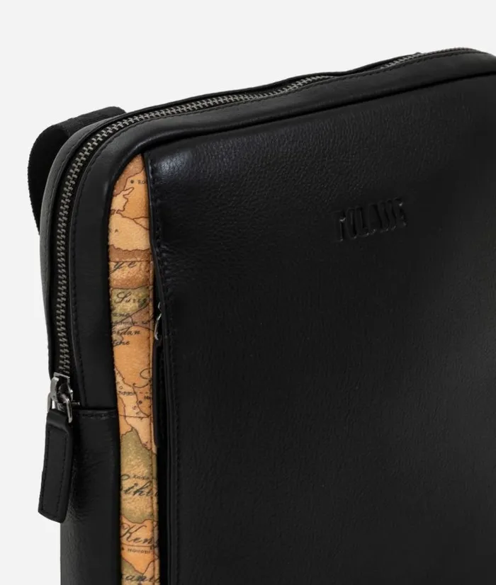 Geo Classic Black Leather Shoulder Strap Man Alviero Martini Crossbody and Messenger Bags