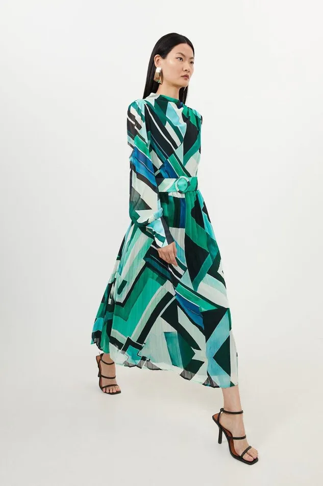 Geo Print Georgette Woven Long Sleeve Maxi Dress Green Women Karen Millen Dresses