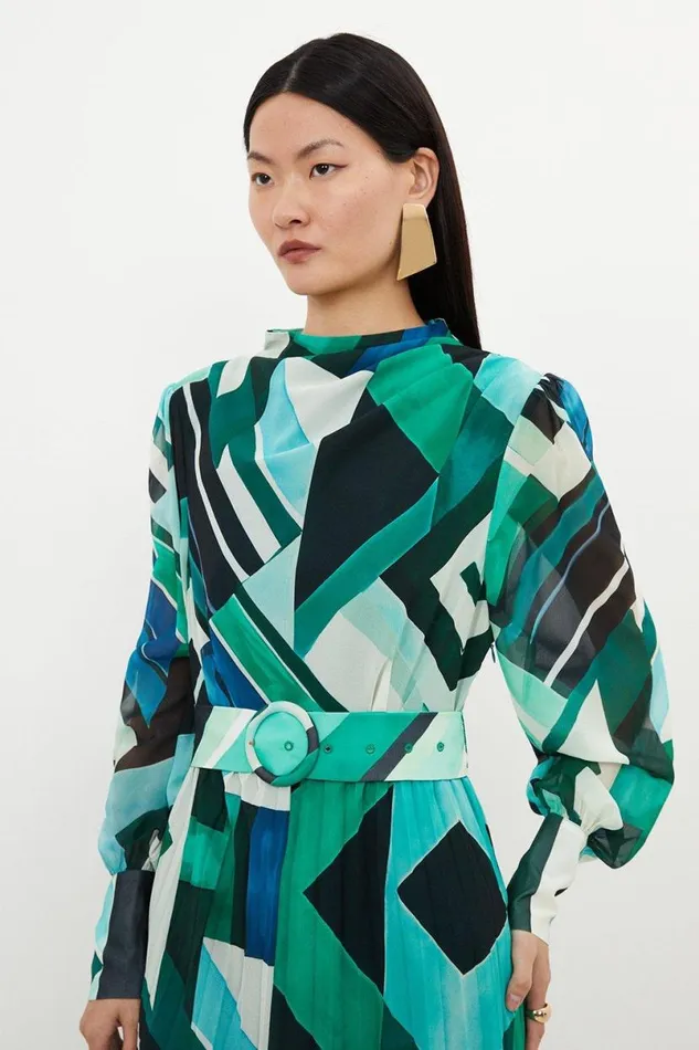 Geo Print Georgette Woven Long Sleeve Maxi Dress Green Women Karen Millen Dresses