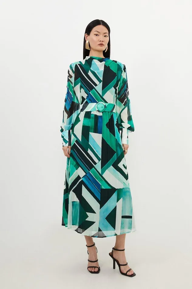 Geo Print Georgette Woven Long Sleeve Maxi Dress Green Women Karen Millen Dresses