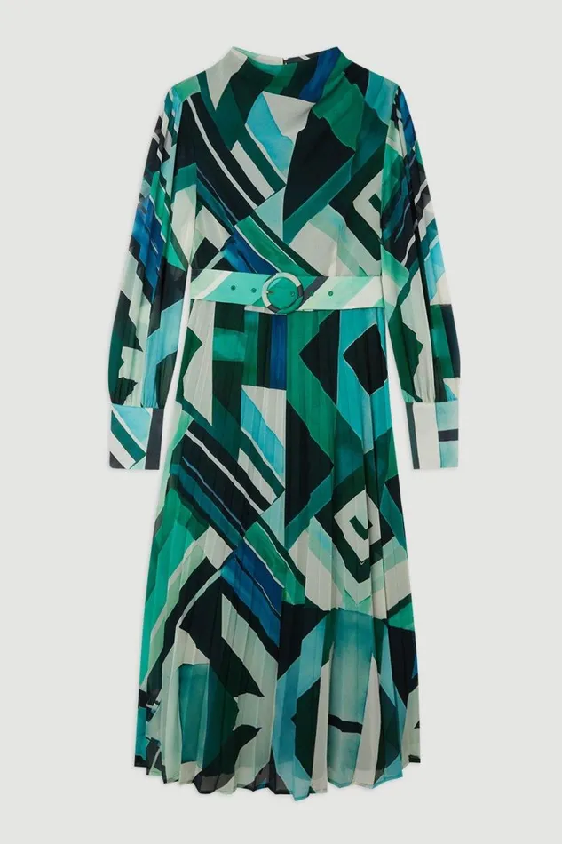 Geo Print Georgette Woven Long Sleeve Maxi Dress Green Women Karen Millen Dresses