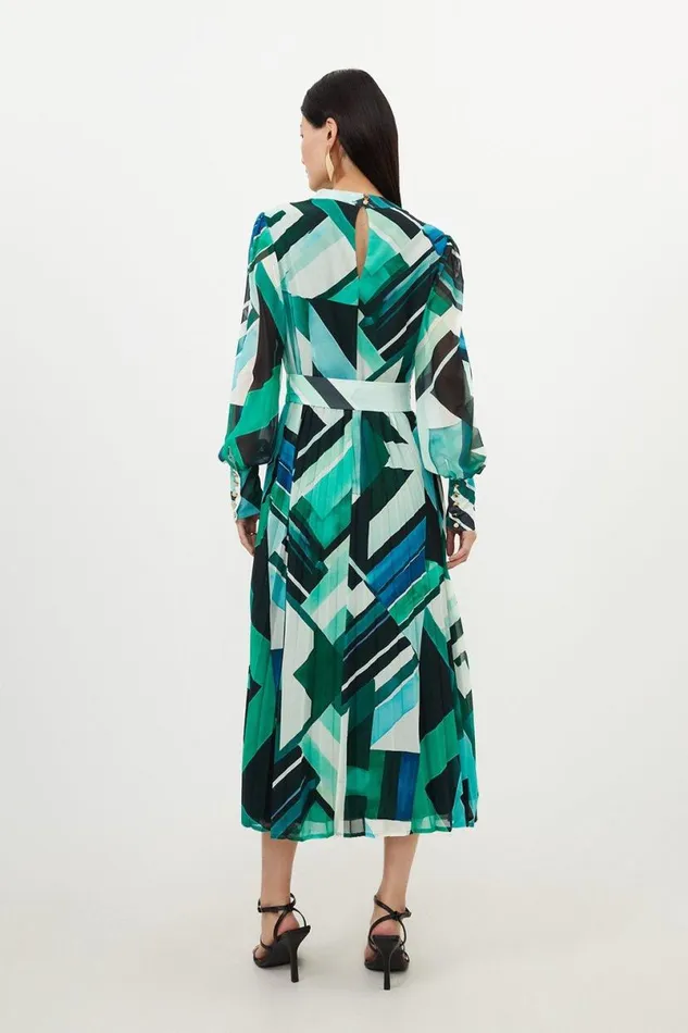 Geo Print Georgette Woven Long Sleeve Maxi Dress Green Women Karen Millen Dresses
