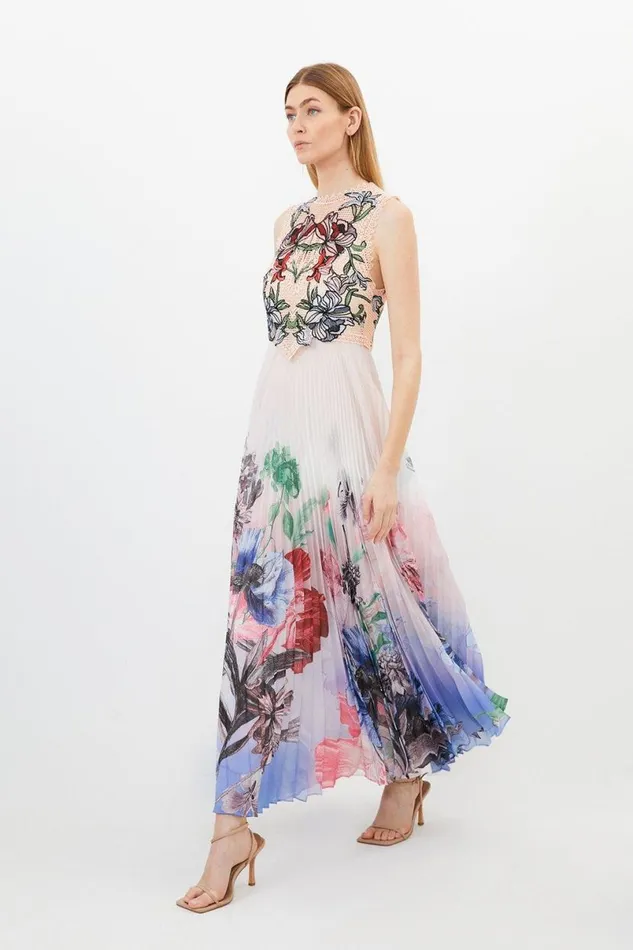 Guipure Lace Pleat Border Print Woven Maxi Dress Ivory Women Karen Millen Dresses