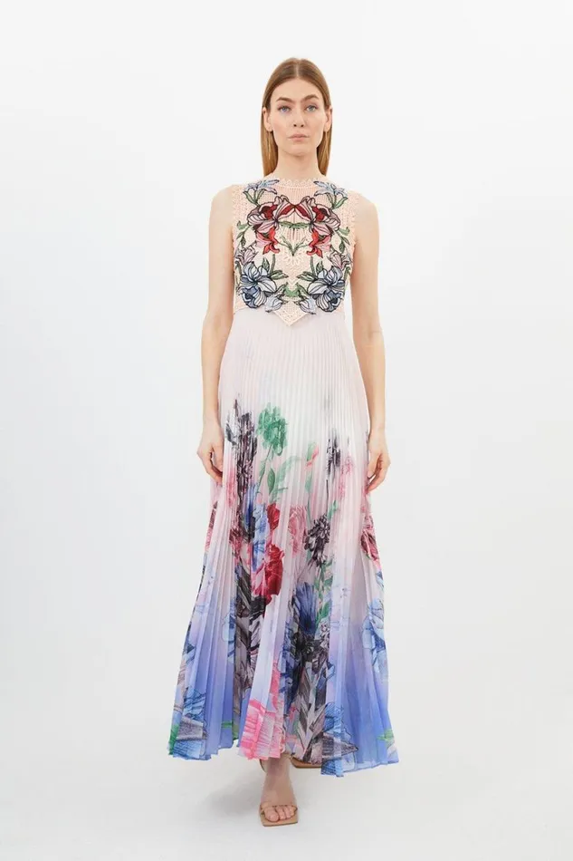 Guipure Lace Pleat Border Print Woven Maxi Dress Ivory Women Karen Millen Dresses