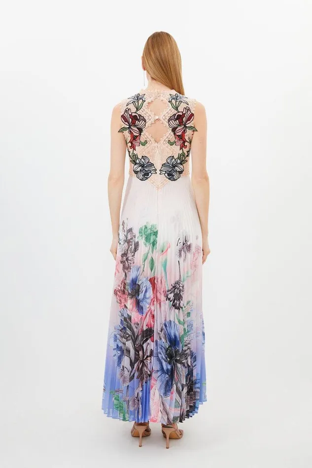 Guipure Lace Pleat Border Print Woven Maxi Dress Ivory Women Karen Millen Dresses