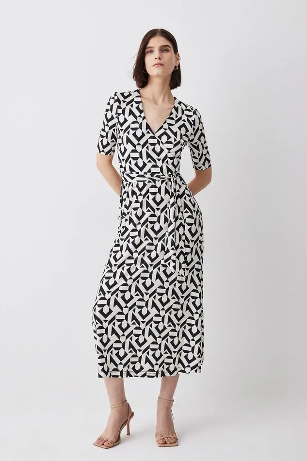 Half Sleeve Geometric Printed Jersey Wrap Midi Dress Mono Women Karen Millen Dresses