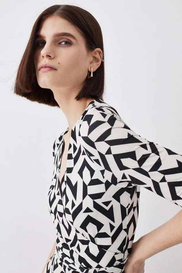 Half Sleeve Geometric Printed Jersey Wrap Midi Dress Mono Women Karen Millen Dresses