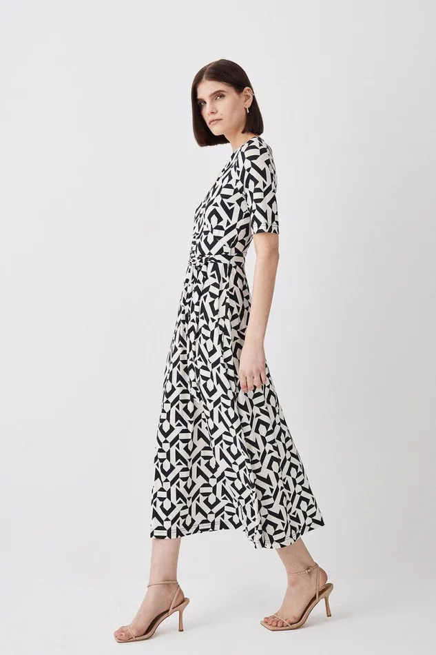 Half Sleeve Geometric Printed Jersey Wrap Midi Dress Mono Women Karen Millen Dresses