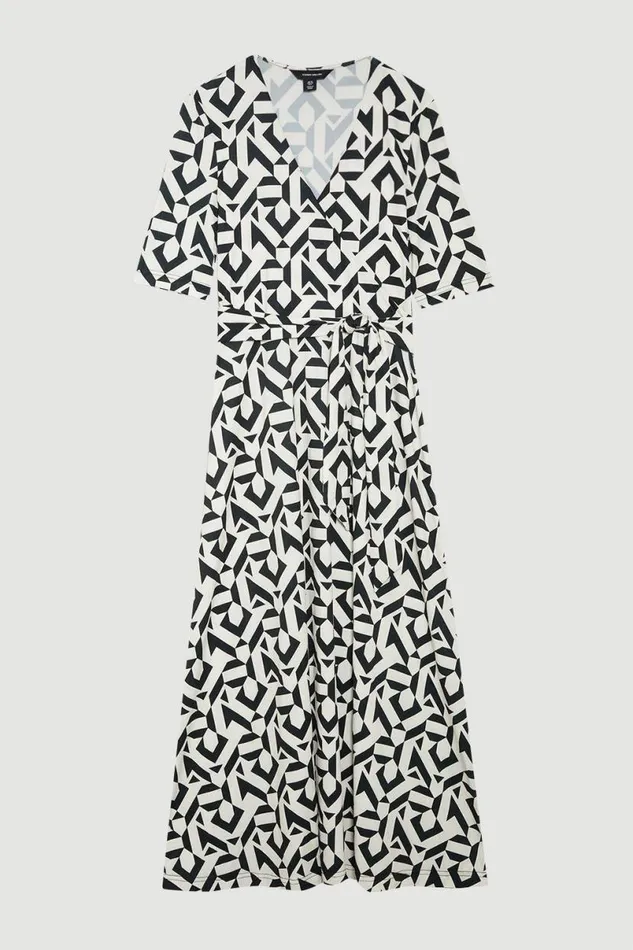 Half Sleeve Geometric Printed Jersey Wrap Midi Dress Mono Women Karen Millen Dresses