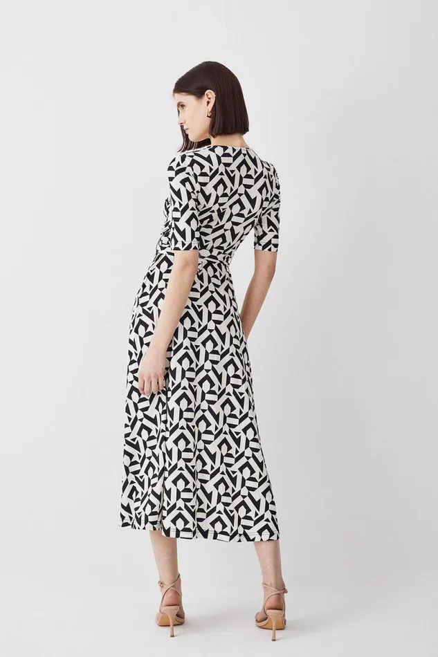 Half Sleeve Geometric Printed Jersey Wrap Midi Dress Mono Women Karen Millen Dresses