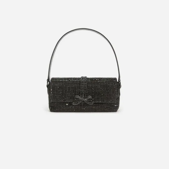 Handbags Women Self Portrait Black Rhinestone Chainmail Baguette Bag