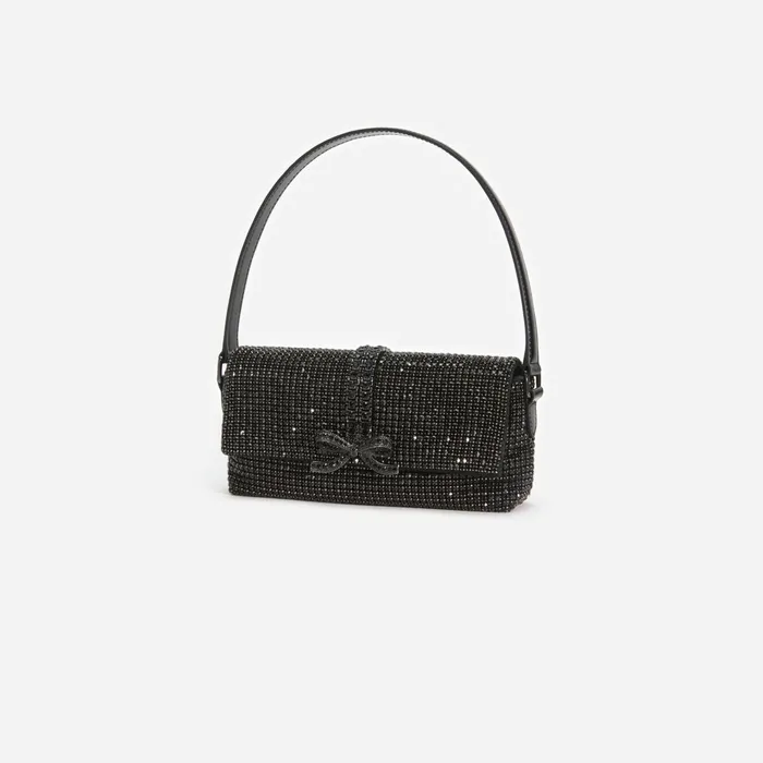 Handbags Women Self Portrait Black Rhinestone Chainmail Baguette Bag