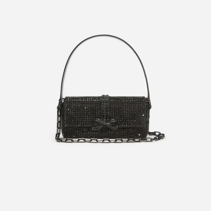 Handbags Women Self Portrait Black Rhinestone Chainmail Baguette Bag